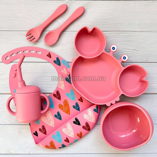 Набір дитячого силіконового посуду з тарілкою краб img_e2627 темно-рожевий Сердечки